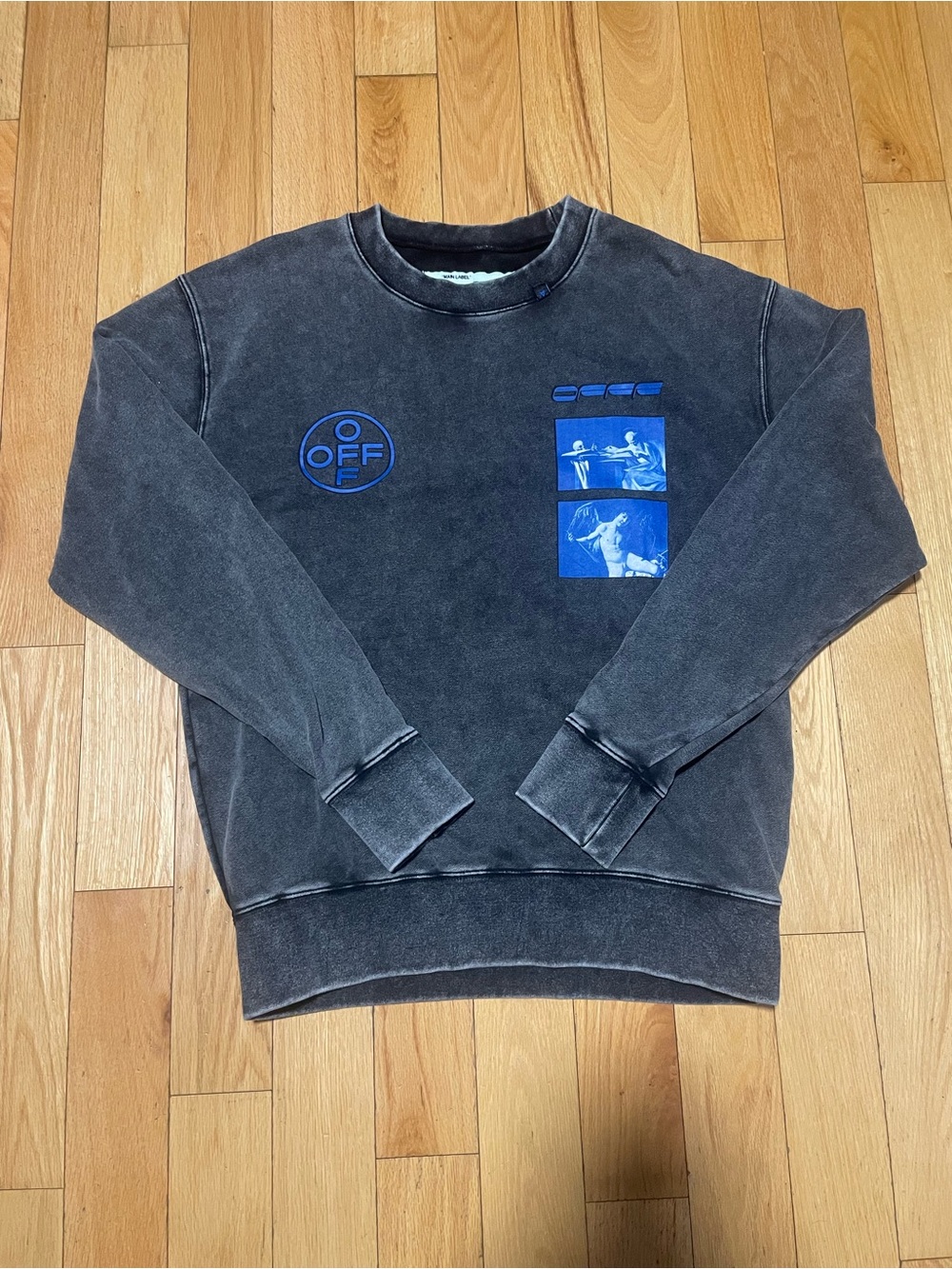Off-White Washed Black Crewneck Sweatshirt with Blue Graphics